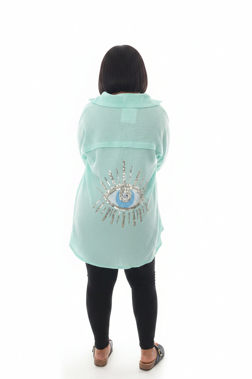Chemise oversize en gaze de coton avec motif œil brodé - Veloura Milano